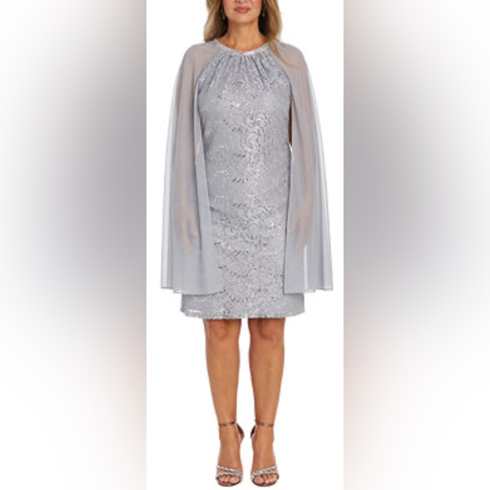 R & M Richards Women's Sequinned Lace Dress With Chiffon Cape Size 6 NWT $128